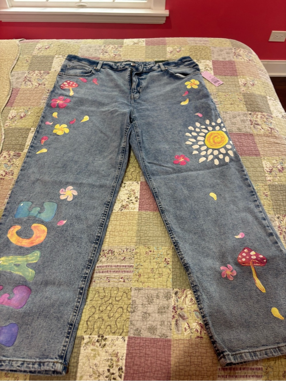 wild fable Blue Denim Boyfriend Jeans with Colorful Floral & Mushroom Paint